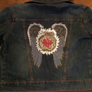 Kippys Angel Wings & Heart On Fire Denim Jacket NWOT